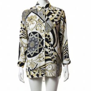 Faith Vintage Loud Bold Beaded Print Long Sleeve Button Down Blouse Small